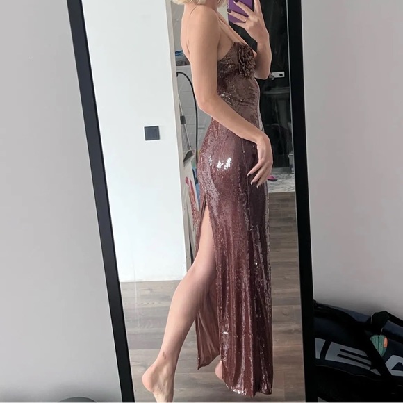Roses Sequined Bustier Evening Gown In Mocha Shine, High-end Sequin Maxi - Picture 12 of 12